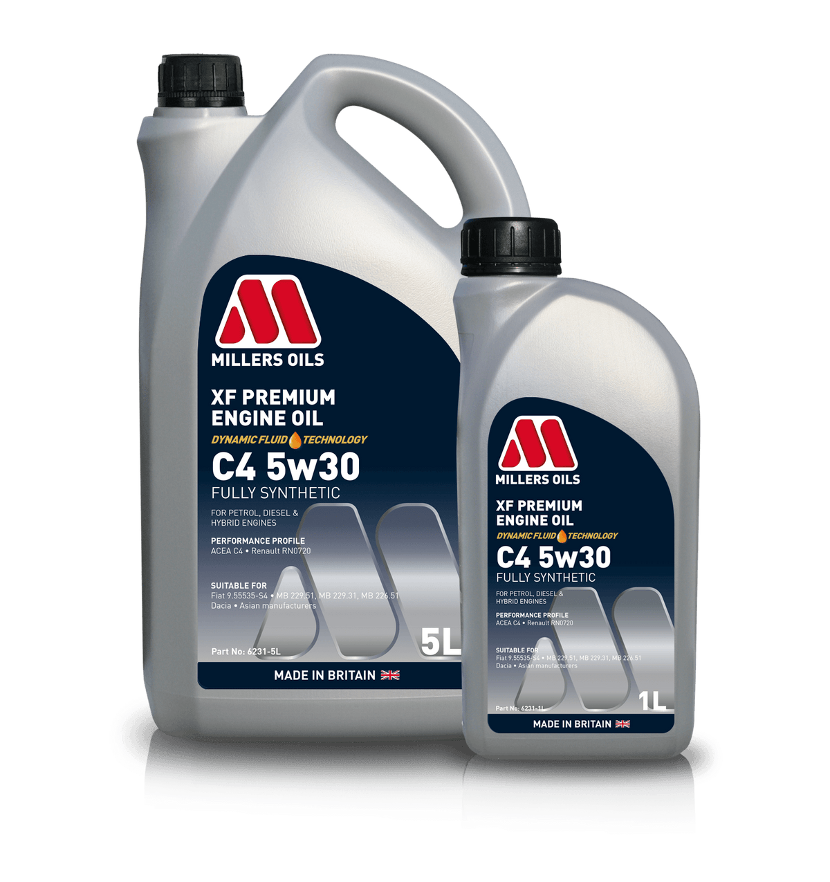Millers Oils XF Premium C4 5W30 engine oil container with label, designed for automotive engine lubrication.