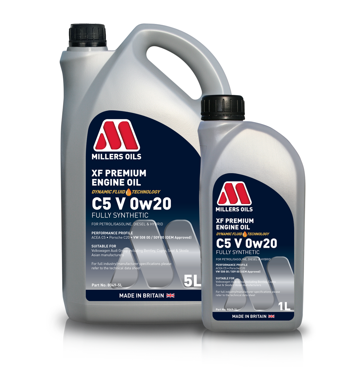 Millers Oils XF Premium C5 VW 0W-20 engine oil bottle with label and cap, designed for vehicle engine lubrication.