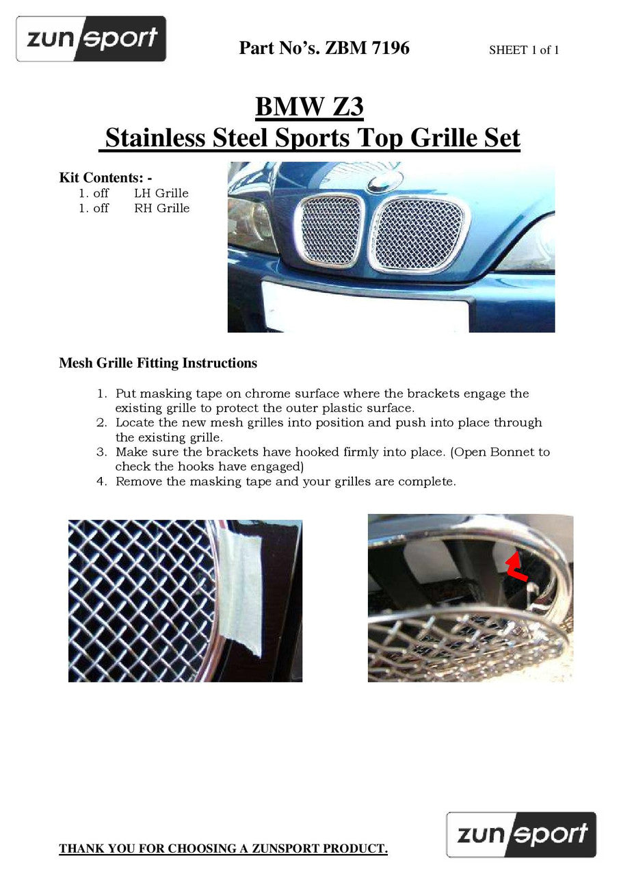 BMW Z3 front grille set by ZunSport, showing the sleek black grille with mounting details for the vehicle's front end.