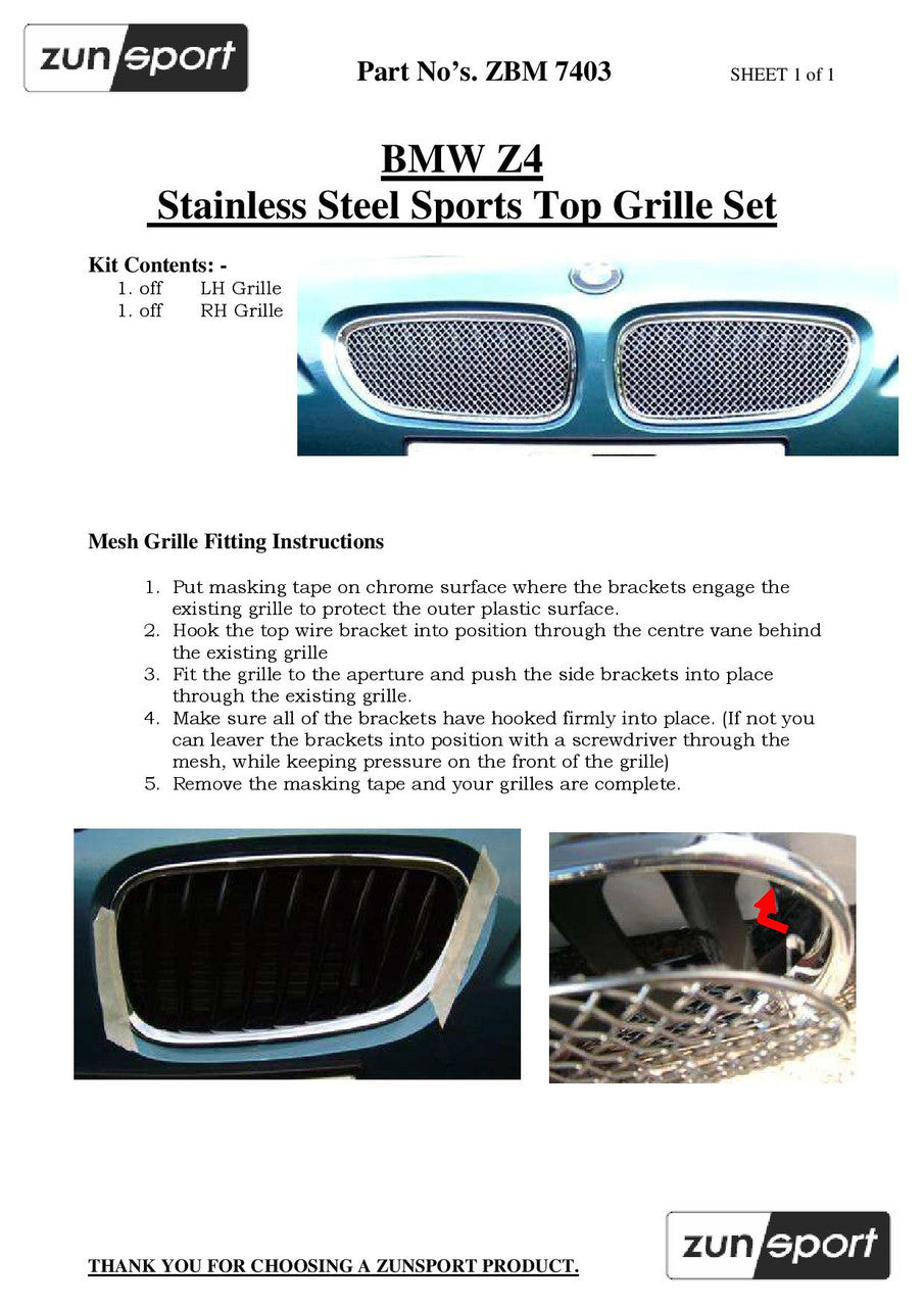 BMW Z4 E85/E86 ZunSport front grille set showing the sleek design and black finish of the grille for the front of the car.