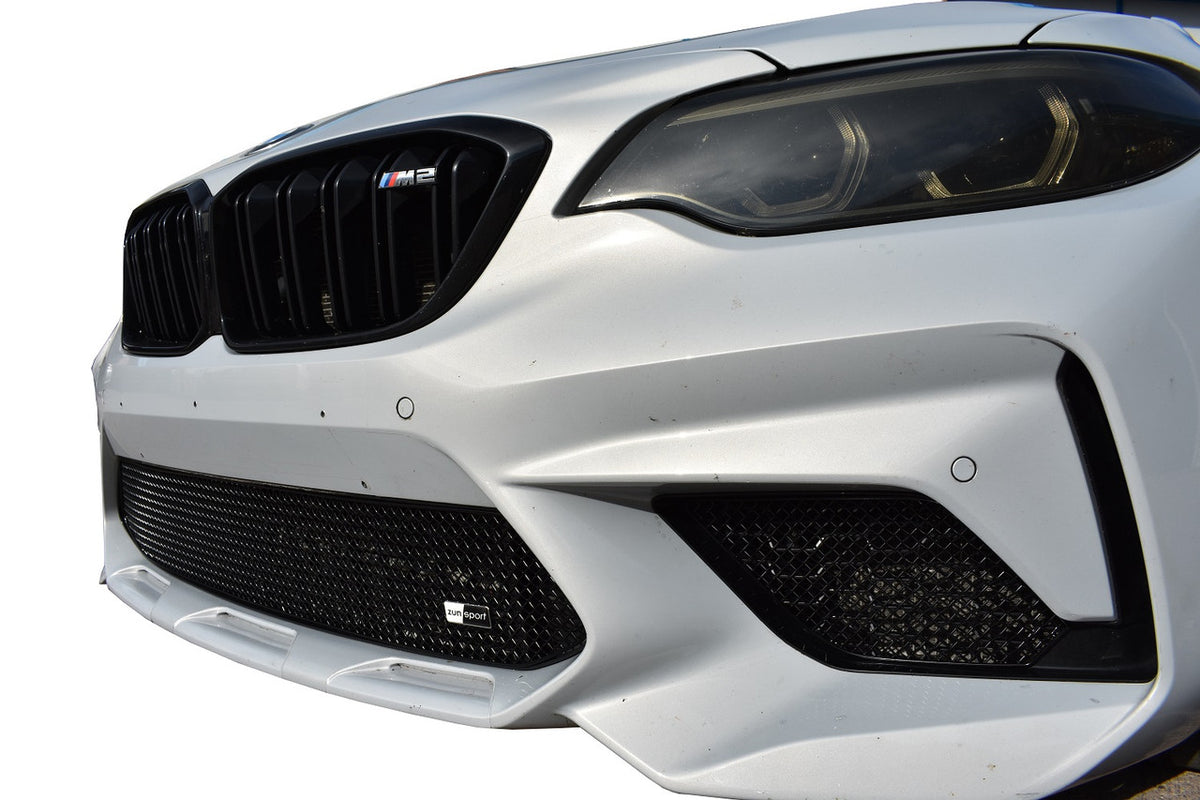 ZunSport BMW M2 Competition (F87) front grille set showing sleek black design with mesh pattern and chrome accents.