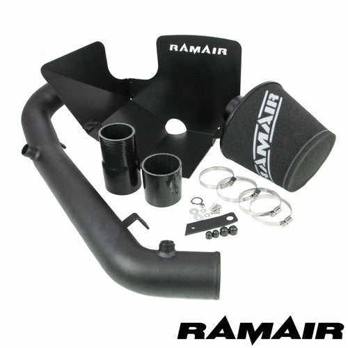 Ramair Ford Focus ST 250 MK3 2.0T induction kit with heat shield, crossover hard pipe, and air filter for 2015+ models.