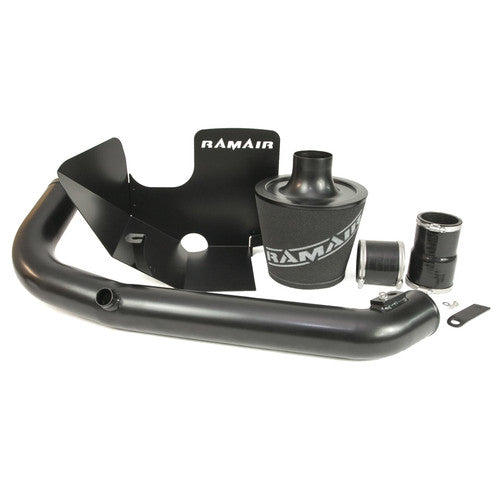 Ramair Ford Focus ST 250 MK3 2.0T induction kit with air filter, heat shield, and crossover hard pipe installed in engine bay