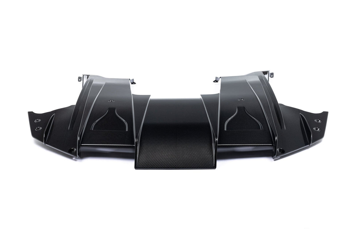 AlphaN carbon rear diffuser underfloor kit for BMW G87 M2, showcasing lightweight aerodynamic design and precise fitment.