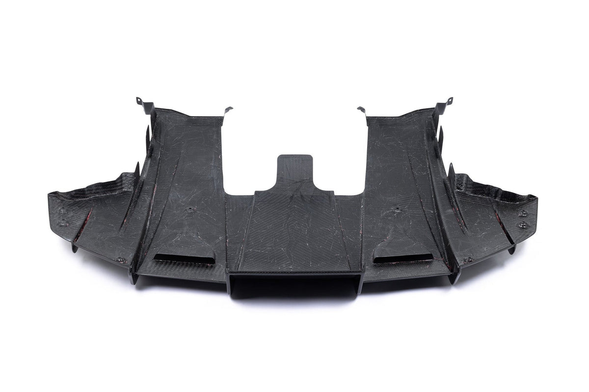 AlphaN carbon rear diffuser underfloor for BMW M2 G87, showcasing sleek aerodynamic design and lightweight carbon material.