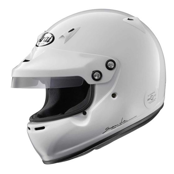 Arai GP-5W racing helmet with peak, FIA-8859-2015 certification, featuring a sleek design and ventilation vents.