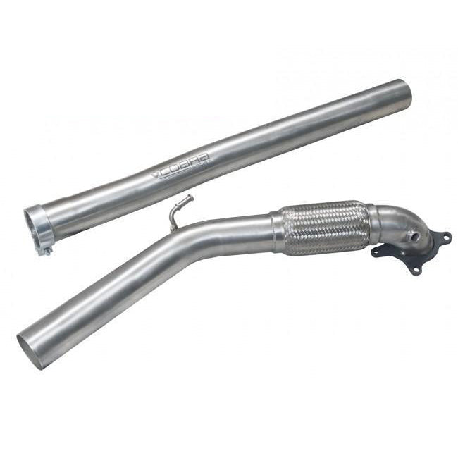 Cobra Sport Audi A3 8P 2.0 TFSI Quattro front pipe sports cat de-cat downpipe, shiny metal exhaust component for performance.
