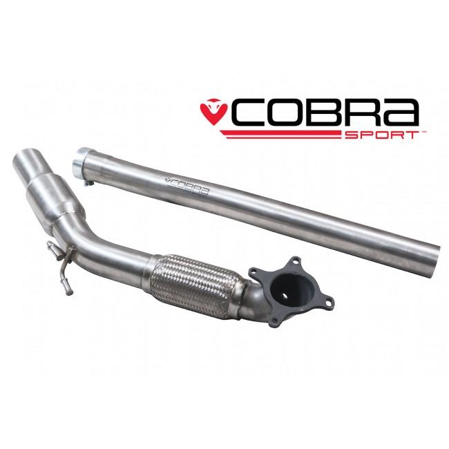 Cobra Sport Audi A3 8P 2.0 TFSI Quattro front pipe sports cat downpipe, featuring a sleek stainless steel design.