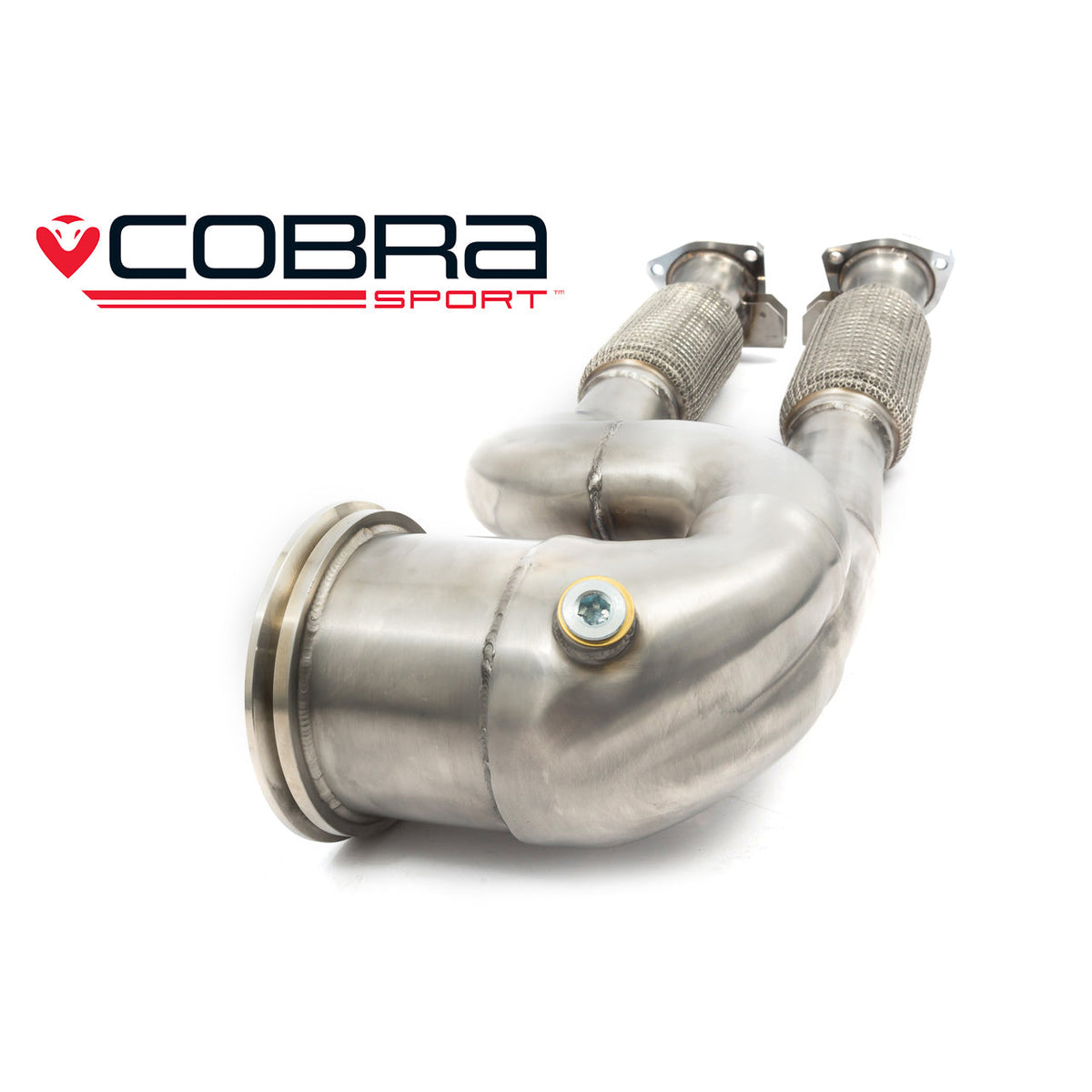 Cobra Sport Audi RS3 8V primary de-cat downpipe showing shiny metal construction and connection to exhaust system.