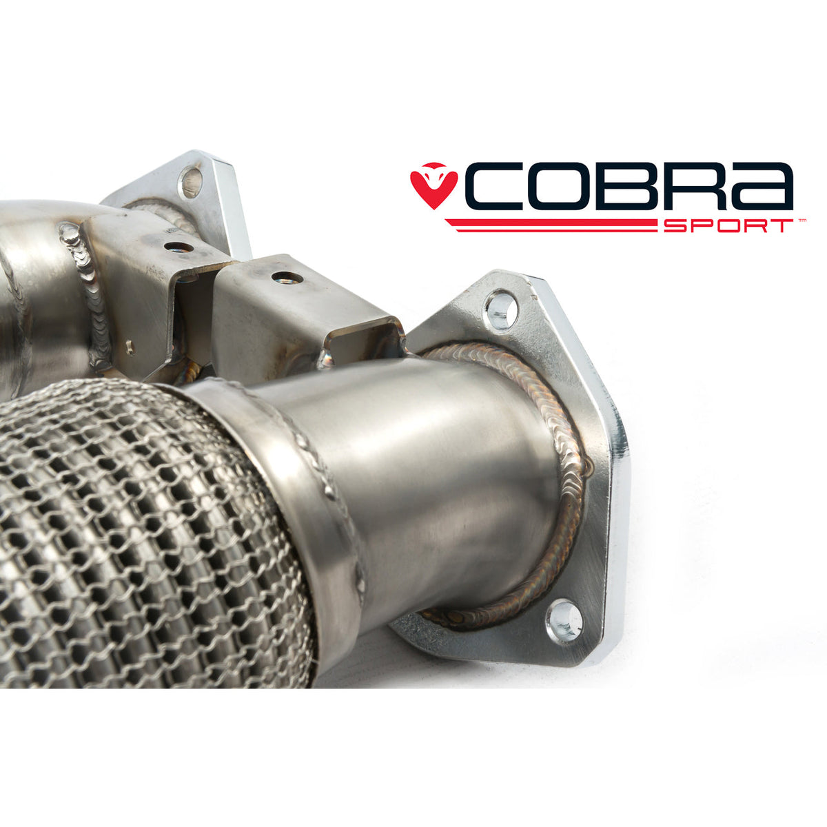 Cobra Sport Audi RS3 8V primary de-cat downpipe, showing the stainless steel pipe with flanges and catalytic converter removal.