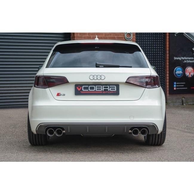 Cobra Sport cat back exhaust for Audi S3 8V 5-door Sportback, non-valved performance exhaust system, rear view showing polished tips