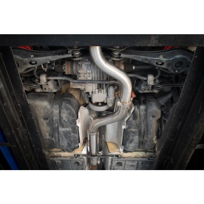 Cobra Sport cat back performance exhaust for Audi S3 8V Sportback, valved system, made of stainless steel, installed on vehicle.