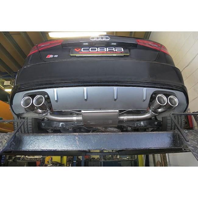 Cobra Sport Audi S3 8V 3-door non-valved cat back performance exhaust installed on the vehicle, showcasing polished exhaust tips.