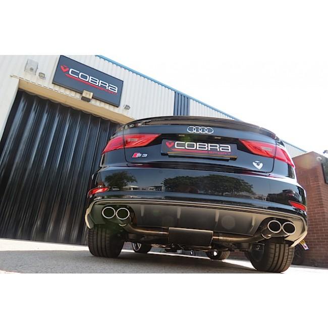 Cobra Sport Audi S3 (8V) Saloon turbo back performance exhaust system in stainless steel, shown installed on the car.