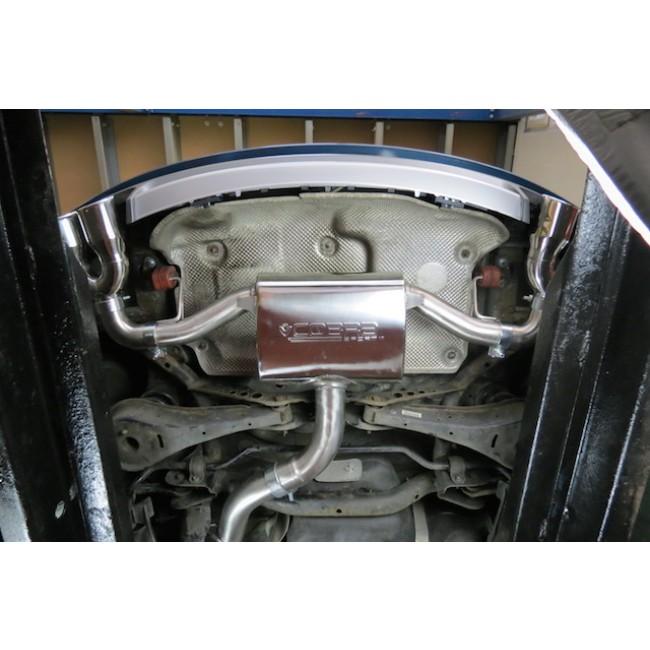 Cobra Sport turbo back performance exhaust for Audi TT Mk2 1.8/2.0 TFSI 2007-2011, showing polished exhaust pipes and tips.