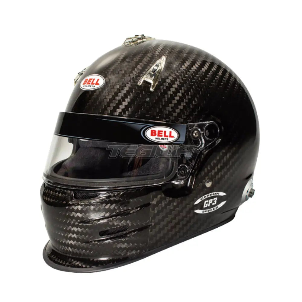 Bell Full Face GP3 Carbon Helmet with HANS device, FIA8859/SA2020 certification, showcasing sleek design and secure fit.