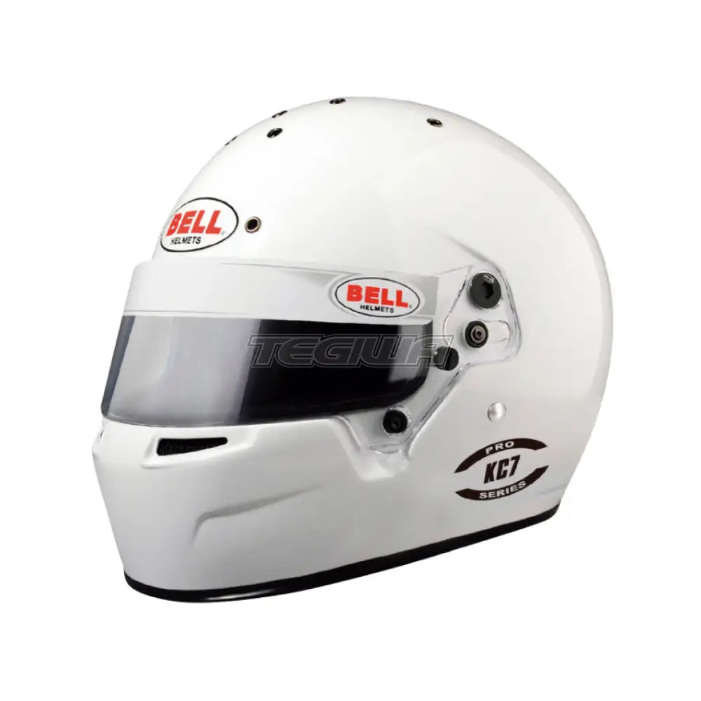 White Bell KC7-CMR karting helmet with sleek design and clear visor, designed for safety and comfort in racing.