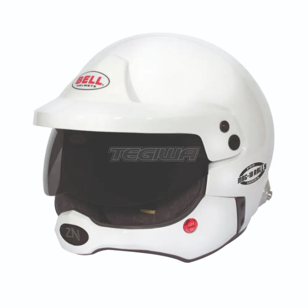 White Bell Rally Pro MAG-10 helmet with HANS device and FIA8859/SA2020 certification, designed for motorsport safety.