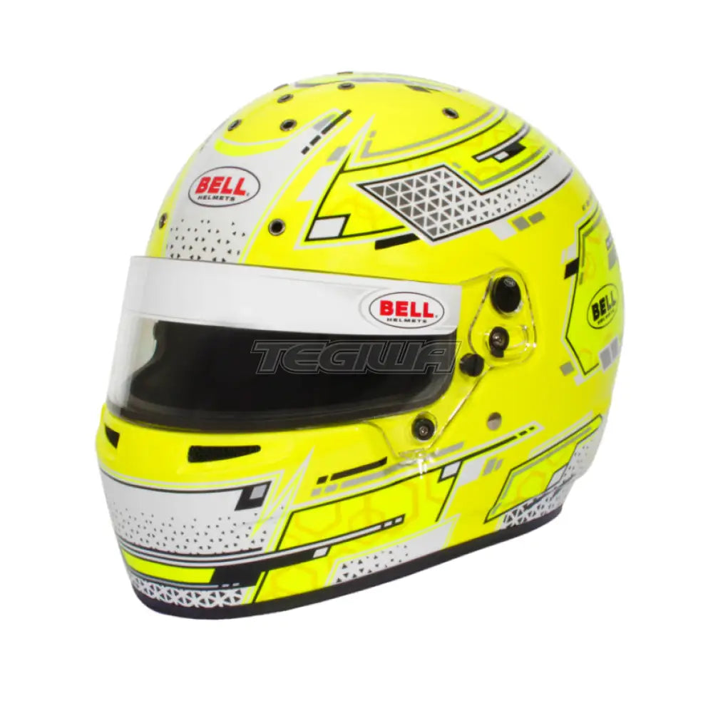 Bell RS7-K Karting Helmet in Stamina Yellow with black accents, featuring aerodynamic design and secure chin strap.