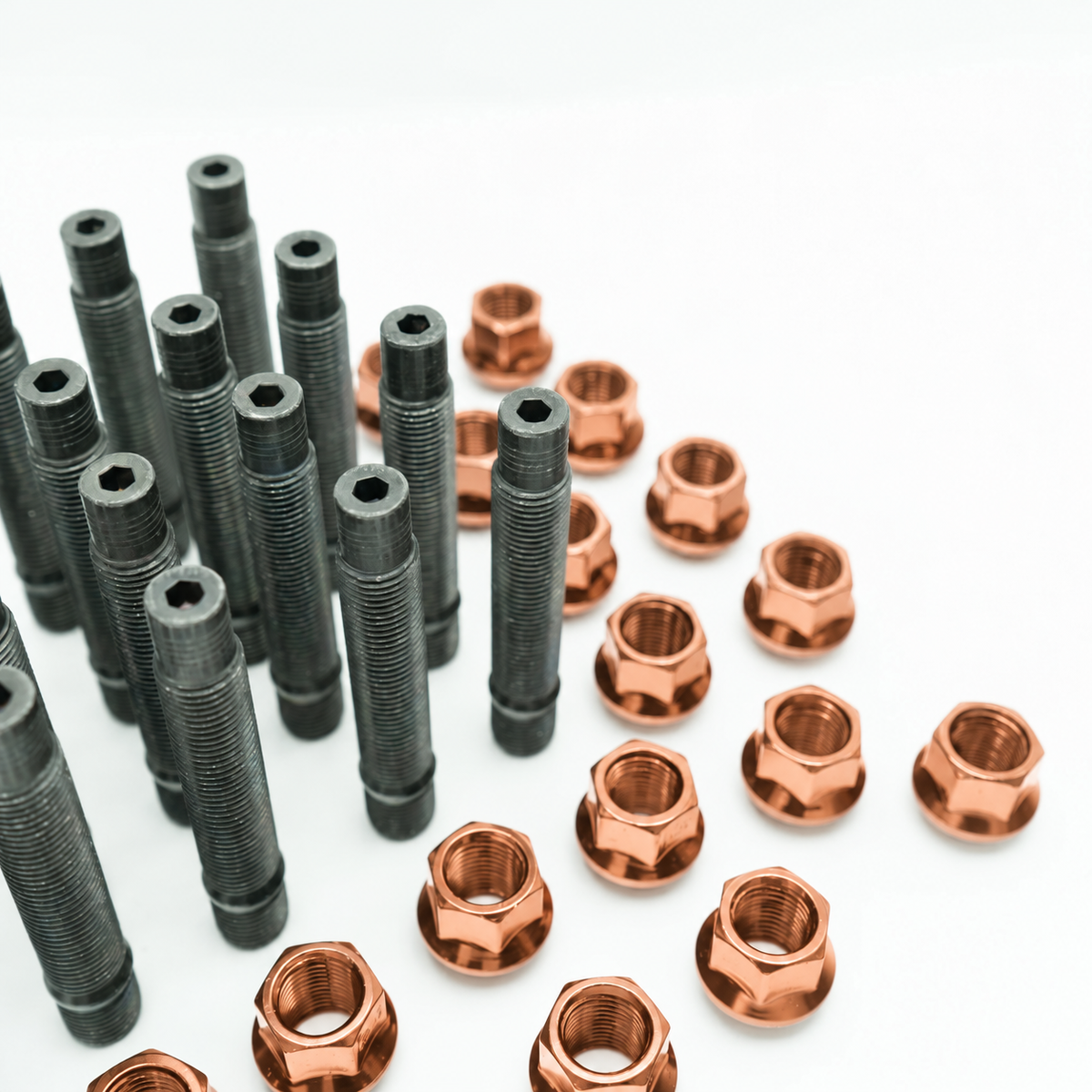 Bimecc VW Audi SEAT Skoda stud and nut conversion kit, angled detail with copper wheel nuts