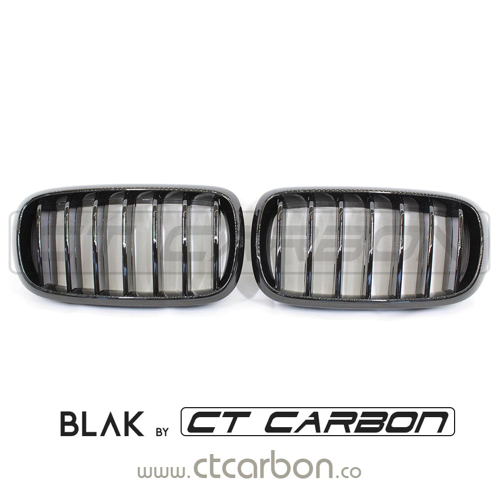 Black single slat grille for BMW F15/F16 X5/X6 from CT Carbon, showing the sleek black design and fitment details.