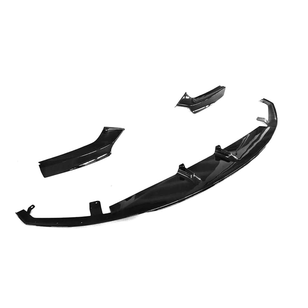 Black gloss BMW 2 Series F22/F23 splitter by CT Carbon, featuring a sleek MP style design, mounted on the front bumper.