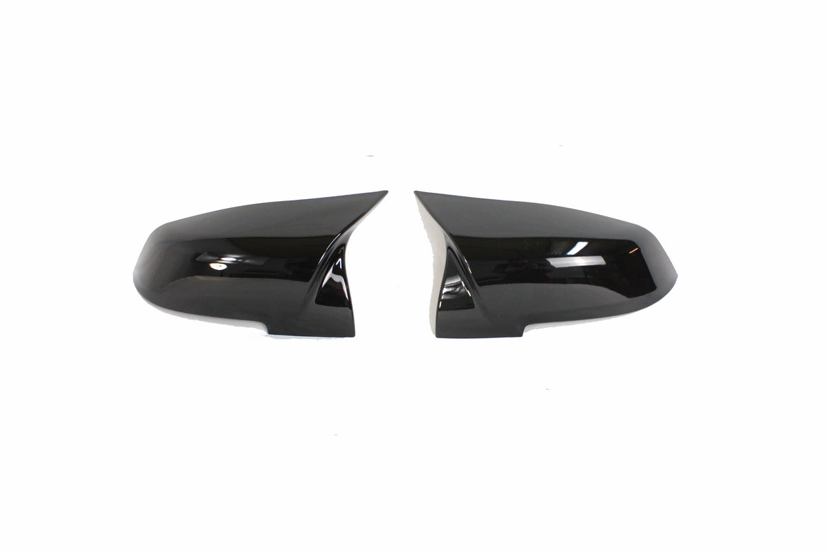 Black BMW Fxx series mirrors by CT Carbon, gloss finish, OEM-style replacement mirrors for 1, 2, 3, and 4 Series models.