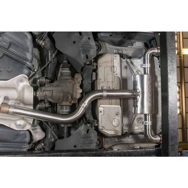 Cobra Sport BMW 335D F30 dual exit exhaust conversion with polished tips and dual exhaust pipes, style similar to 340i.