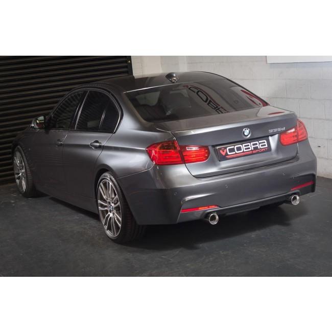Cobra Sport BMW 335D F30 dual exit exhaust conversion with dual tips and polished finish on a sleek car.