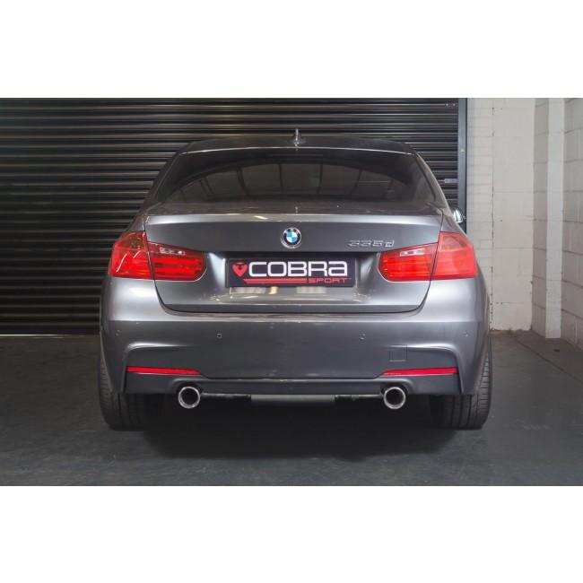 Cobra Sport BMW 335D F30 dual exit exhaust conversion with stylish dual tailpipes and polished finish.
