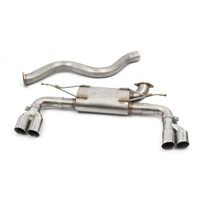 Cobra Sport BMW 335D F30 quad exit M3 style exhaust conversion with four polished exhaust tips on a dark car.