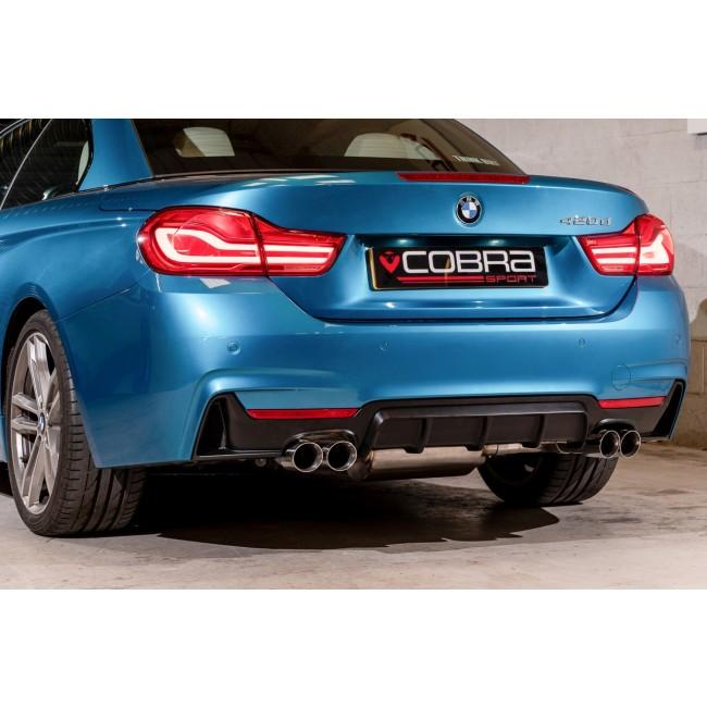 Cobra Sport BMW 420i quad exit performance exhaust conversion with M4 style quad tips on a silver BMW F32/F33/F36.