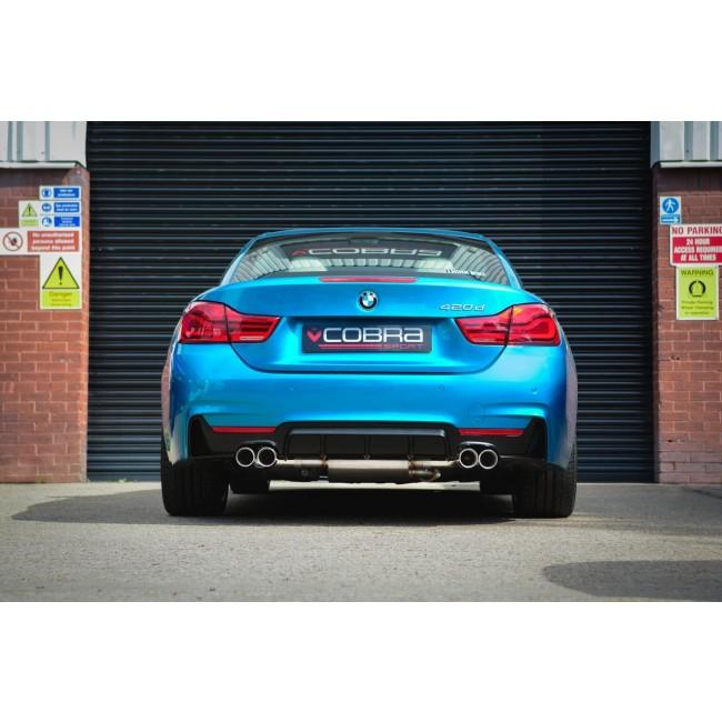 Cobra Sport BMW 420i quad exit M4 style performance exhaust conversion installed on a 2013-2020 F32/F33/F36 model.