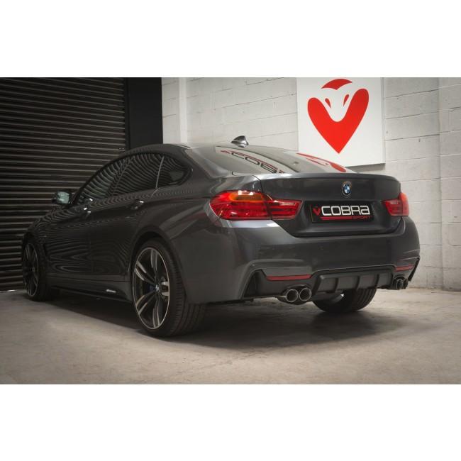 Cobra Sport quad exit M4 style performance exhaust on a BMW 430D F36 Gran Coupe, showing the dual exhaust tips and polished finish.