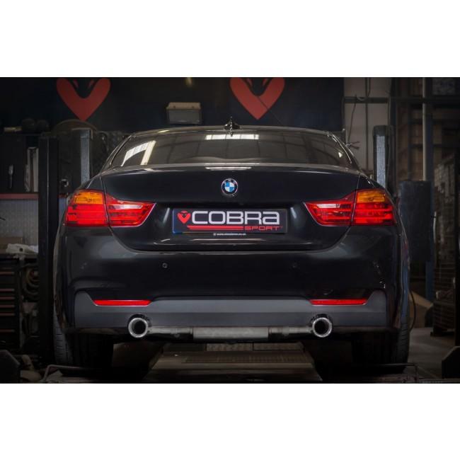 Cobra Sport dual exit exhaust conversion installed on BMW 435D F32/F33/F36 440i model, showcasing polished exhaust tips.