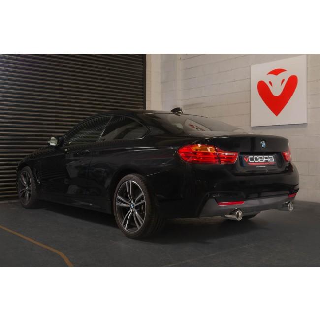 Cobra Sport BMW 435D exhaust conversion with dual exit design for F32, F33, F36 models, showcasing polished exhaust tips.