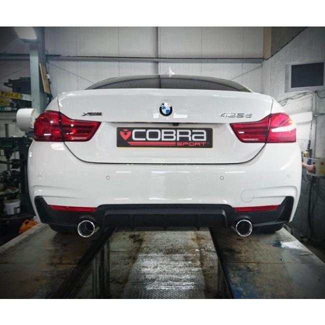 Cobra Sport BMW 435D F36 dual exit exhaust conversion with stylish dual outlets on a silver BMW F36 model.