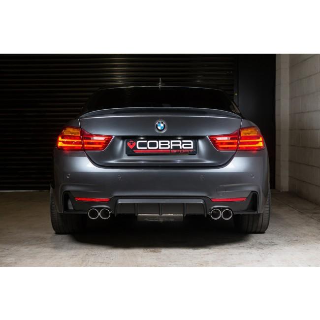 Cobra Sport quad exit performance exhaust for BMW 430D F32/F33/F36, showcasing the M4 style twin exhaust tips.