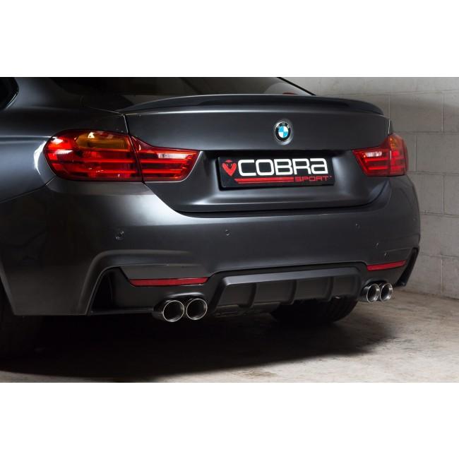 Cobra Sport BMW 430D F32/F33/F36 quad exit M4 style performance exhaust conversion showing polished quad exhaust tips.