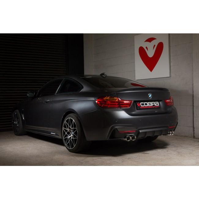 Cobra Sport BMW 430D F32/F33/F36 quad exit M4 style performance exhaust conversion, showcasing the sleek quad exhaust tips.