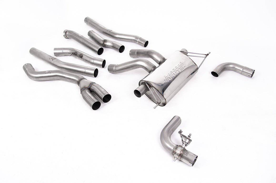 Milltek Sport BMW G42 2 Series M240i XDrive cat back exhaust system installed on the vehicle, showcasing polished exhaust tips and piping.