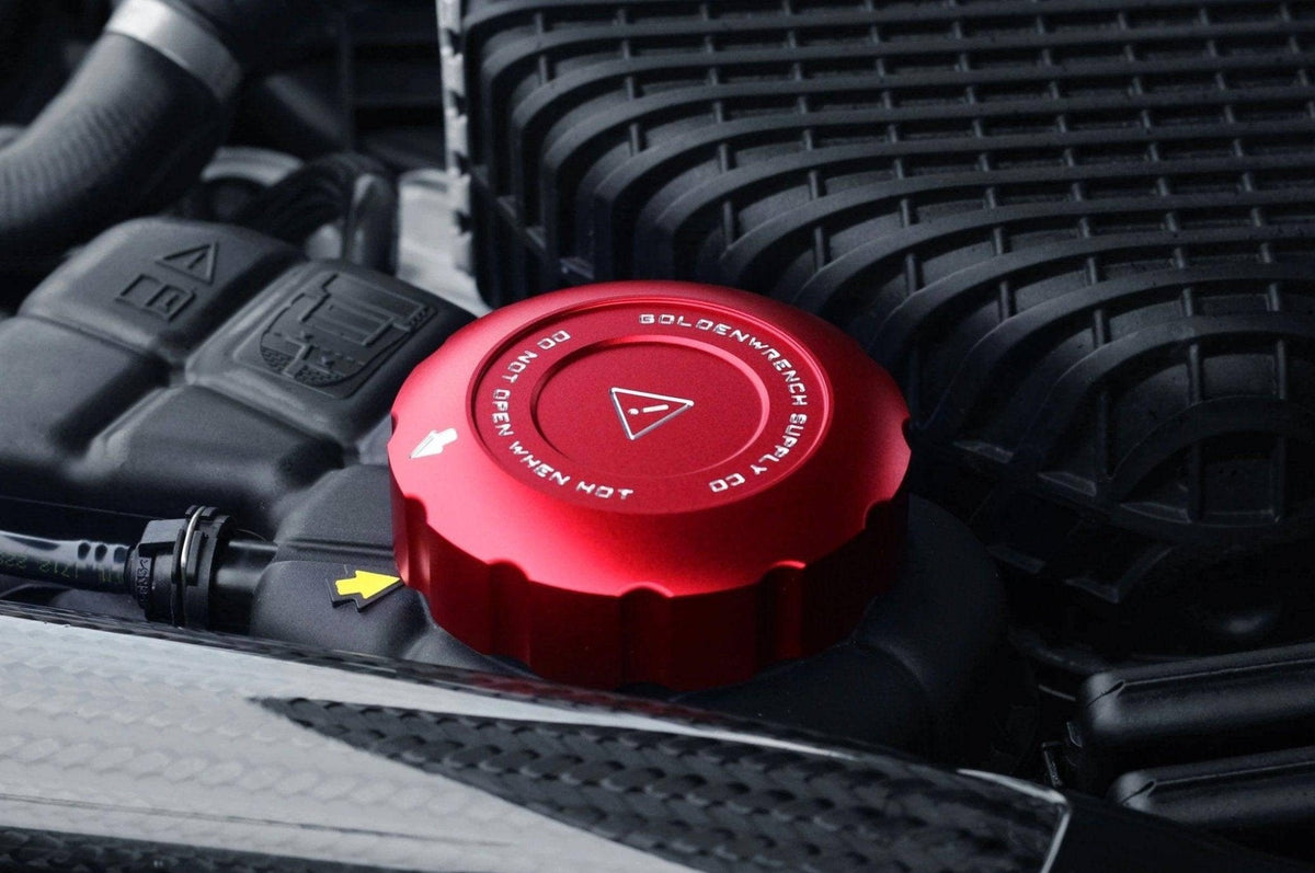 Goldenwrench BMW M vehicles coolant expansion tank cap cover, engine bay trim for N55, S55, S63 engines, durable and stylish.