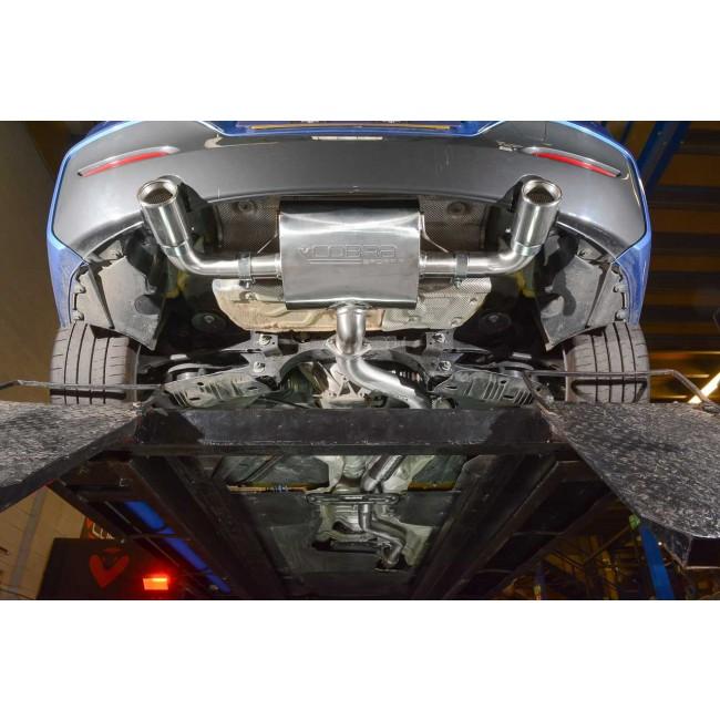 Cobra Sport BMW M135i F20/F21 cat back performance exhaust system with polished tips and sleek design.