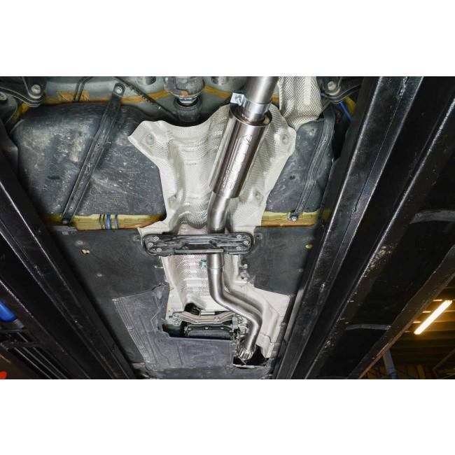 Cobra Sport cat back performance exhaust installed on BMW M135i F20/F21, showcasing the sleek exhaust system and polished tips.