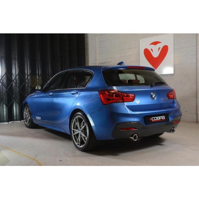 Cobra Sport BMW M135i F20/F21 cat back performance exhaust installed on a white BMW M135i, showcasing the exhaust tips.