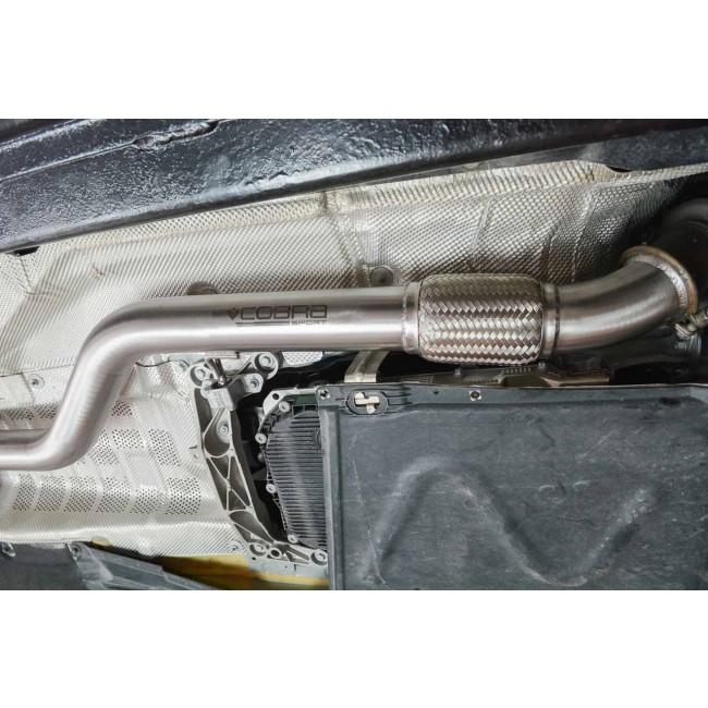 Cobra Sport BMW M135i F20/F21 cat back performance exhaust system installed on a car, showcasing the exhaust piping and tips.