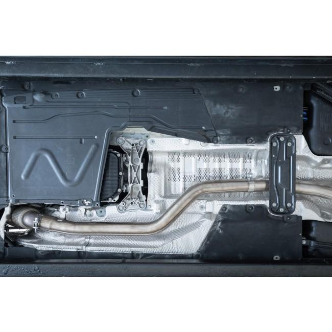 Cobra Sport BMW 340i F30 LCI GPF/PPF delete back exhaust system showing polished stainless steel pipes