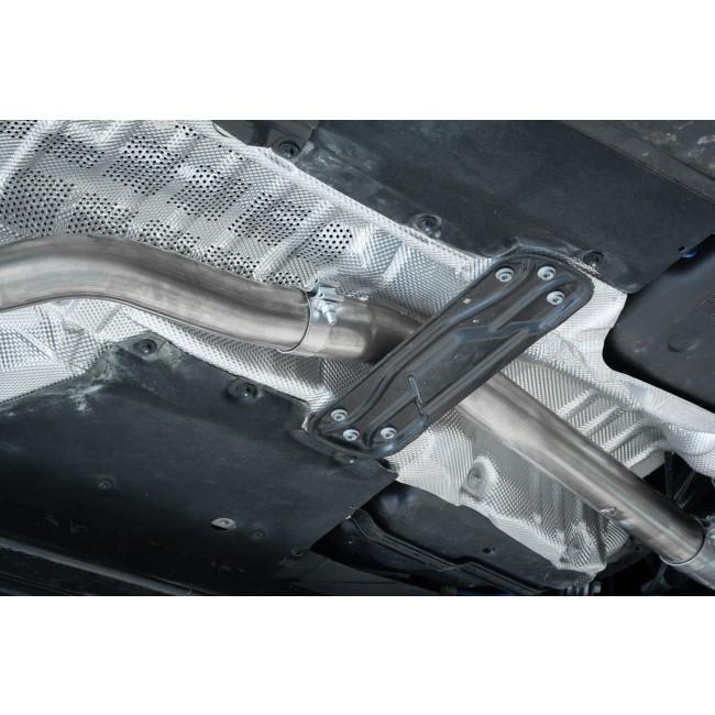 Cobra Sport BMW 340i GPF/OPF delete back exhaust system with sleek stainless steel design on a black BMW F30 F31 model.