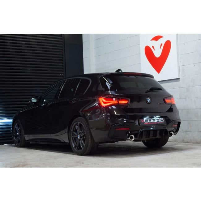 Cobra Sport BMW M235i Cabriolet exhaust tailpipes with larger 3.5-inch M Performance tips, replacement slip-on OE style.