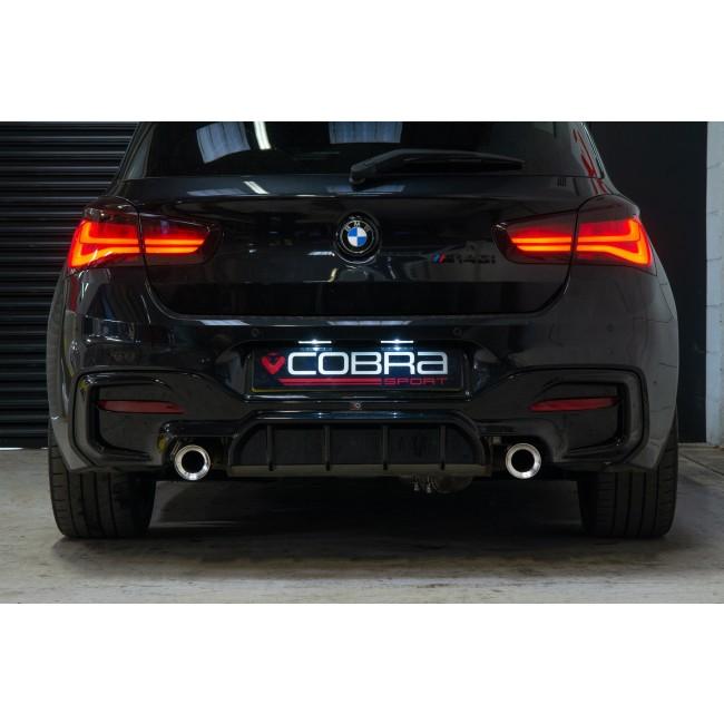 Cobra Sport BMW M235i Cabriolet exhaust tailpipes with 3.5-inch M Performance tips, replacement slip-on OE style exhaust tips.